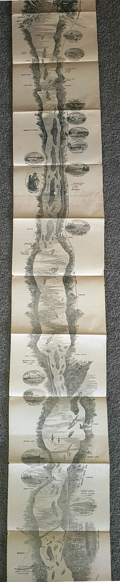 1866 A.R. Waud Long Folding Antique Map St Lawrence River Niagara Fall to Quebec