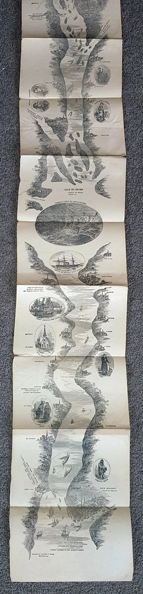 1866 A.R. Waud Long Folding Antique Map St Lawrence River Niagara Fall to Quebec