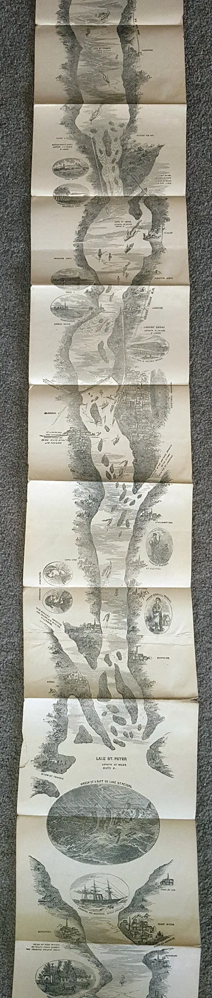 1866 A.R. Waud Long Folding Antique Map St Lawrence River Niagara Fall to Quebec