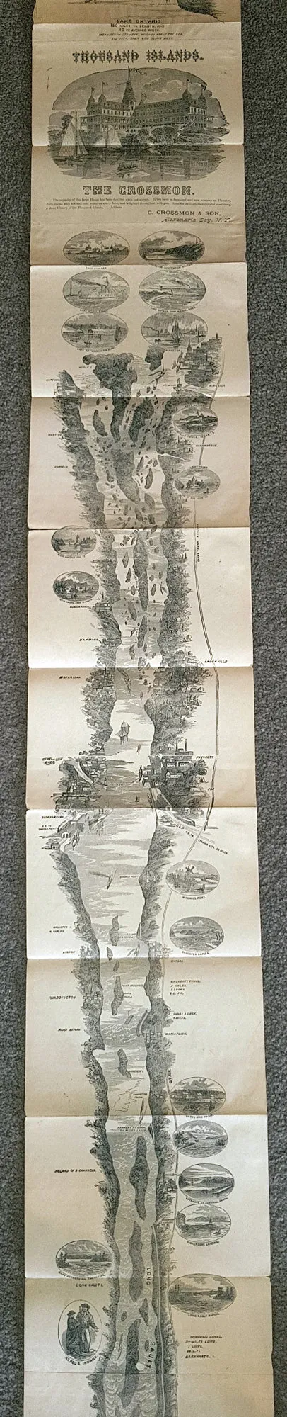 1866 A.R. Waud Long Folding Antique Map St Lawrence River Niagara Fall to Quebec