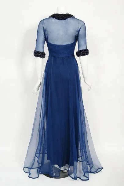 1960s Madame Grès Haute Couture Blue Beaded Sheer Silk Trained Gown
