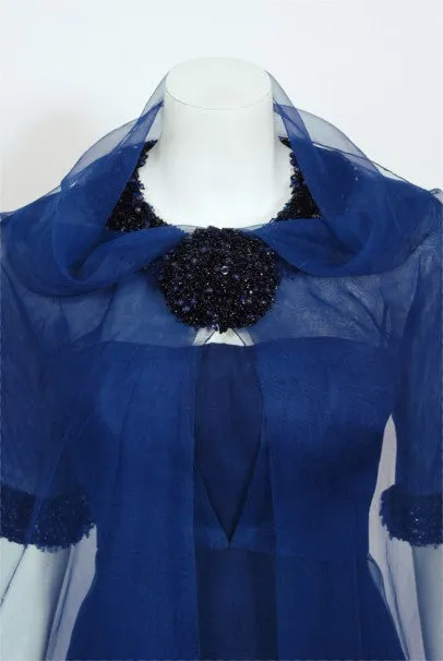 1960s Madame Grès Haute Couture Blue Beaded Sheer Silk Trained Gown