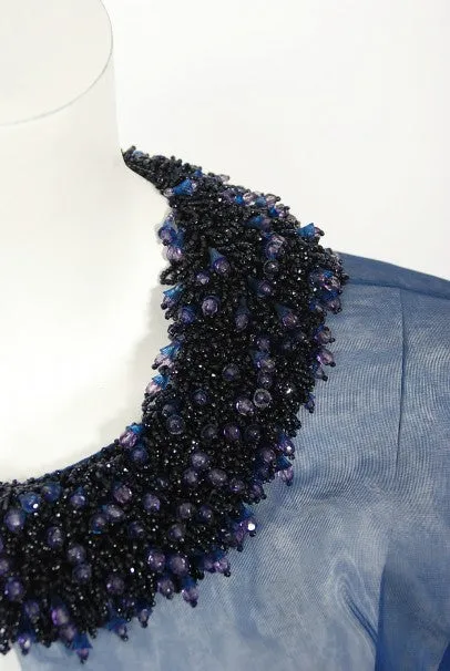 1960s Madame Grès Haute Couture Blue Beaded Sheer Silk Trained Gown