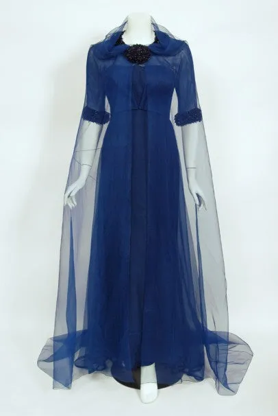 1960s Madame Grès Haute Couture Blue Beaded Sheer Silk Trained Gown
