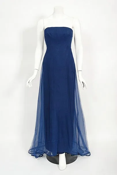 1960s Madame Grès Haute Couture Blue Beaded Sheer Silk Trained Gown