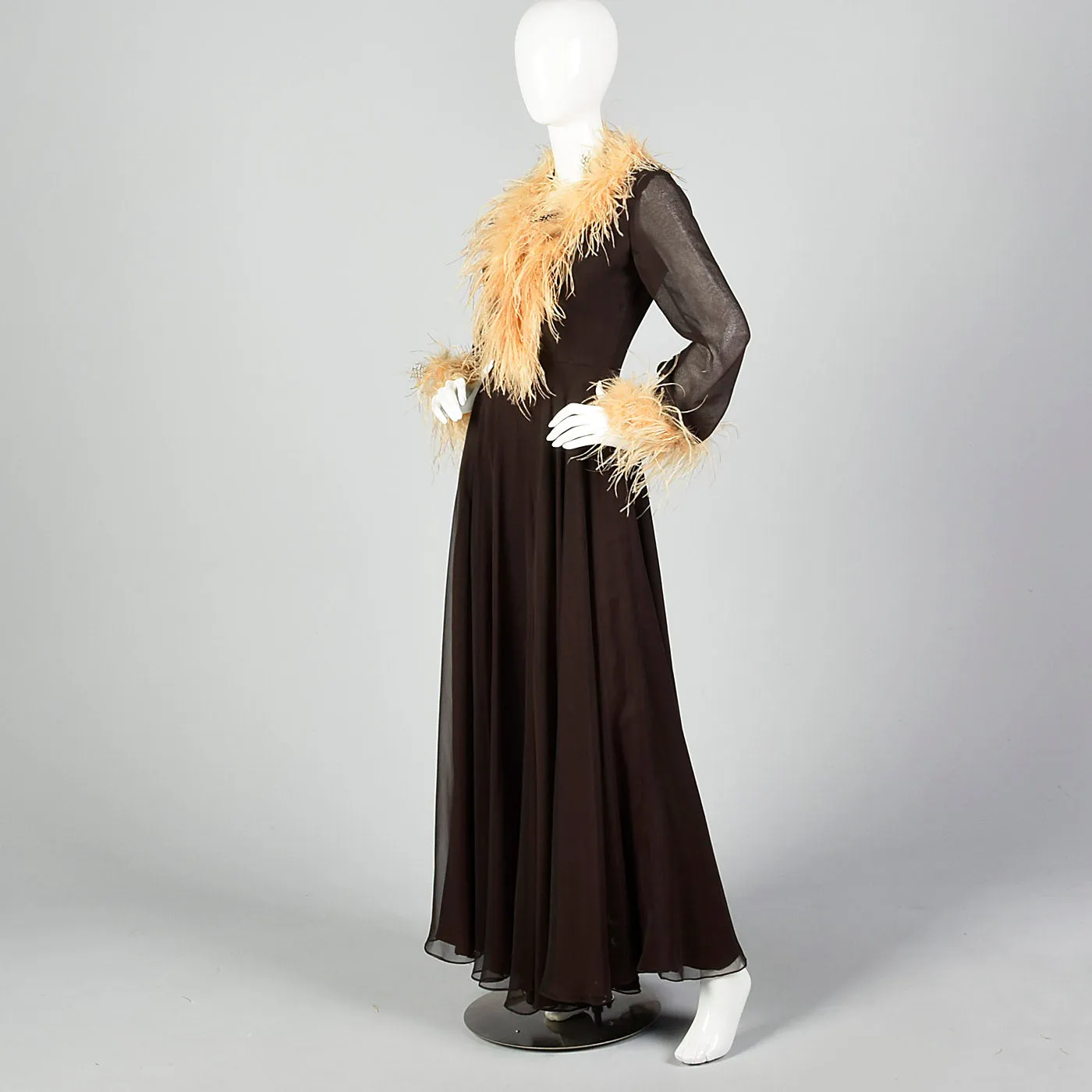 1970s Feather Trimmed Jumpsuit with Huge Palazzo Legs