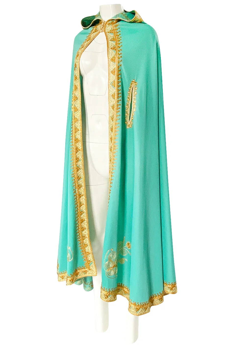 1970s Turquoise Jersey Cape with Gold Cord Braiding Detailing & Hood