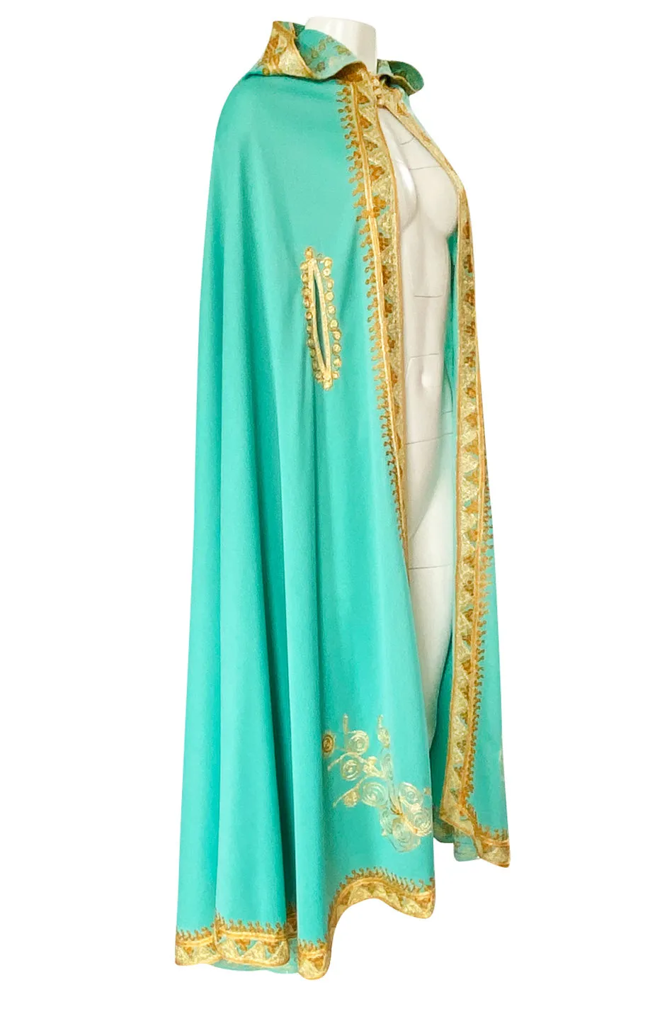 1970s Turquoise Jersey Cape with Gold Cord Braiding Detailing & Hood