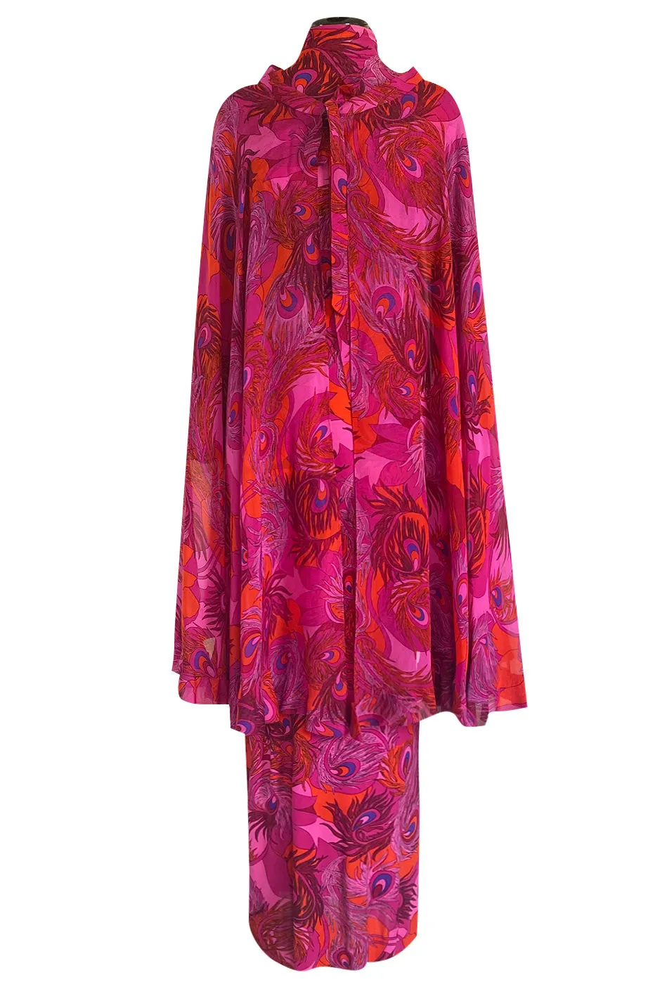 1972 La Mendola Silk Jersey Dress w Skirt Chiffon Skirt in the 'Paridiso' Peacock Feather Print