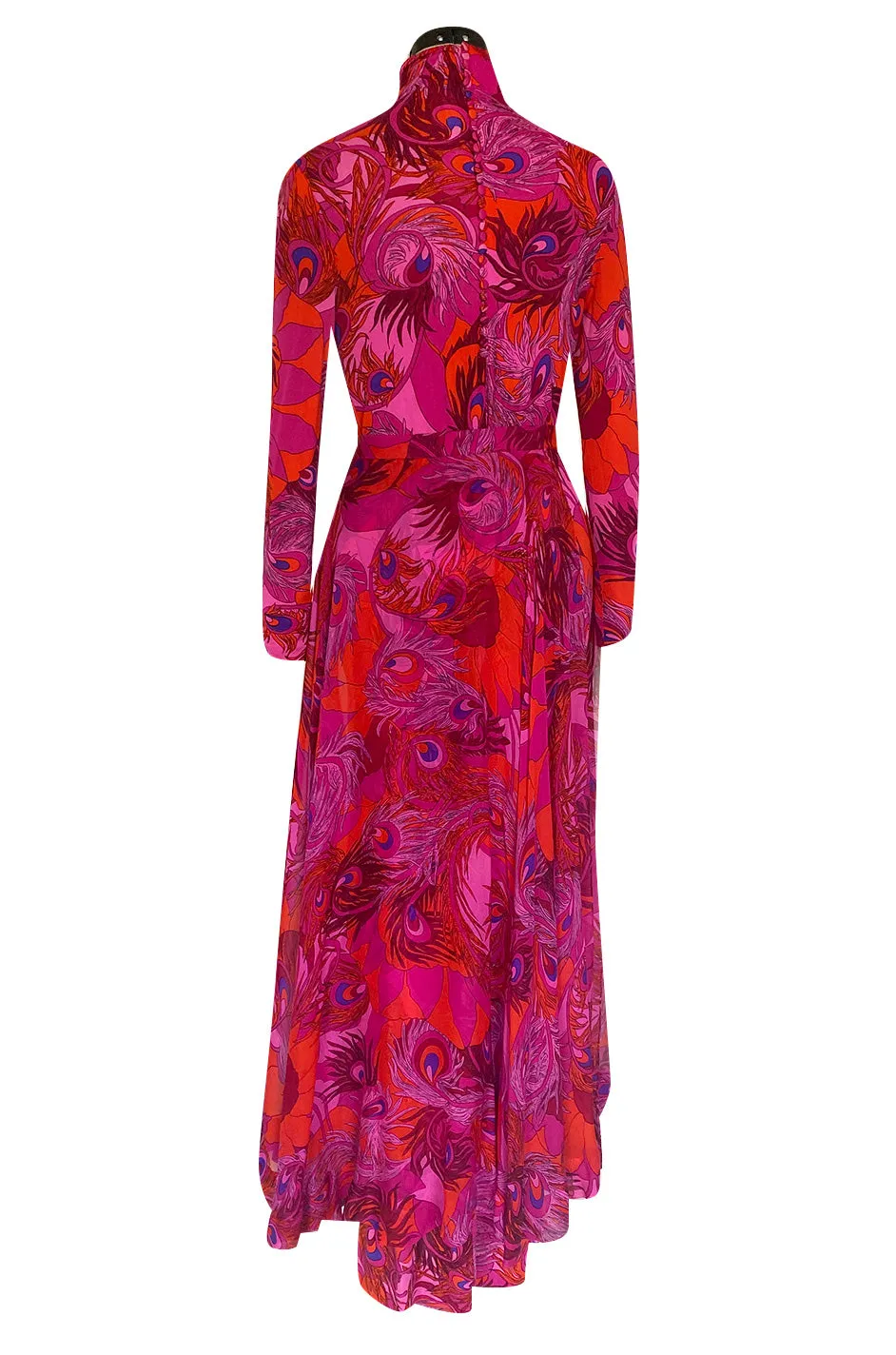 1972 La Mendola Silk Jersey Dress w Skirt Chiffon Skirt in the 'Paridiso' Peacock Feather Print