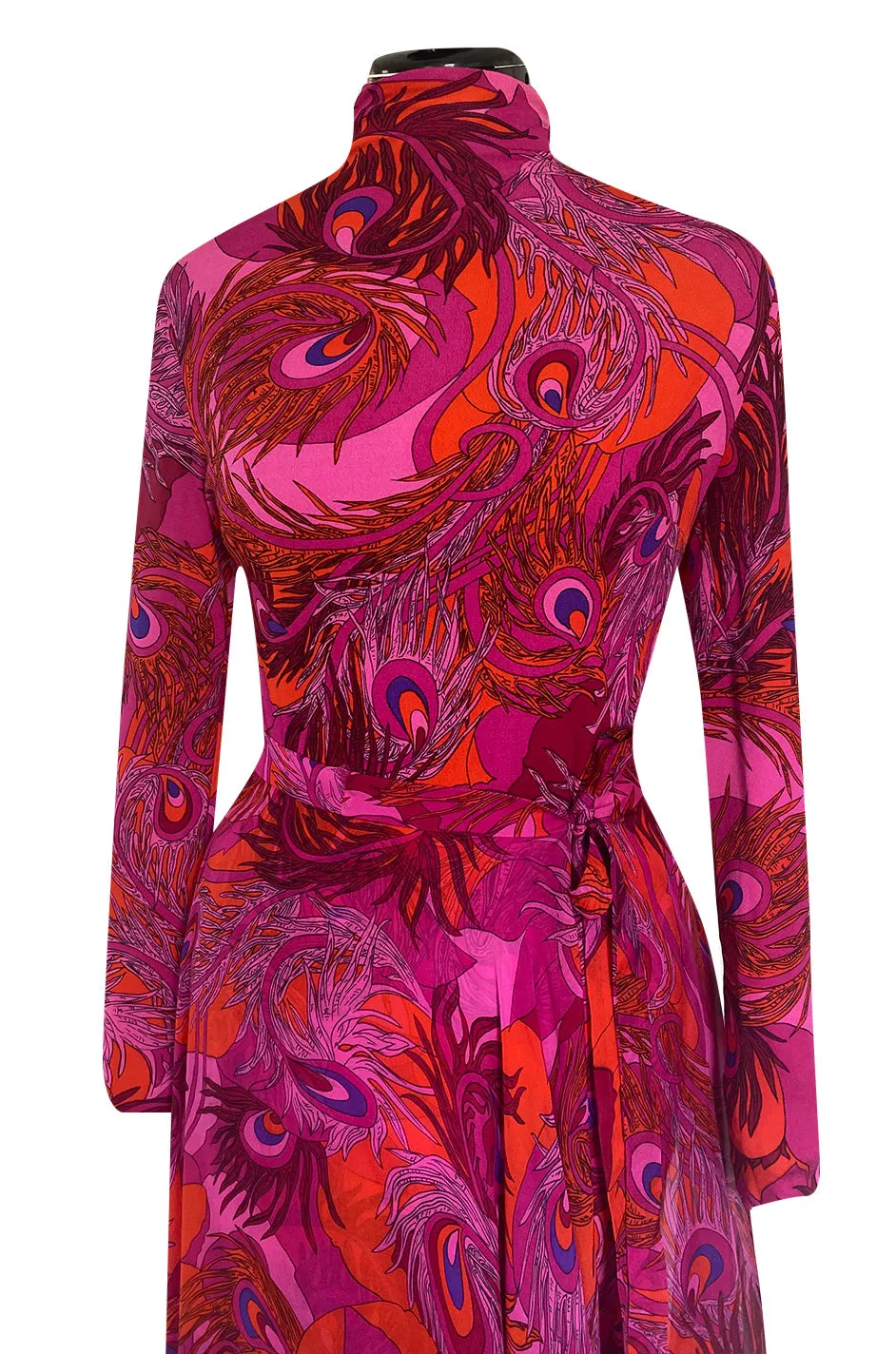 1972 La Mendola Silk Jersey Dress w Skirt Chiffon Skirt in the 'Paridiso' Peacock Feather Print