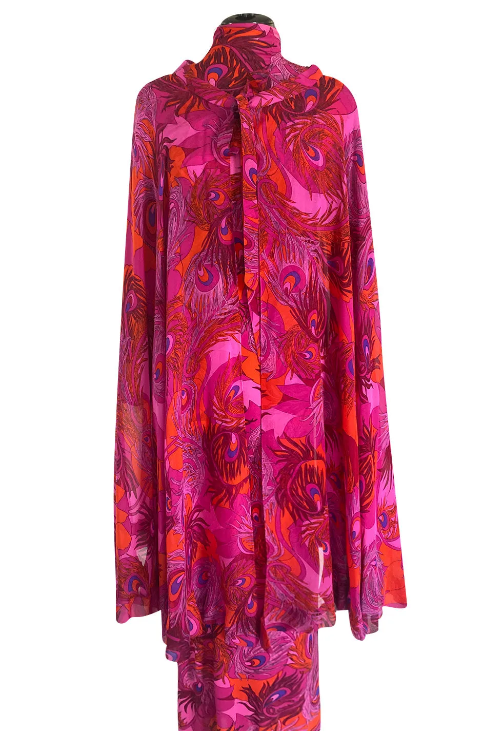 1972 La Mendola Silk Jersey Dress w Skirt Chiffon Skirt in the 'Paridiso' Peacock Feather Print