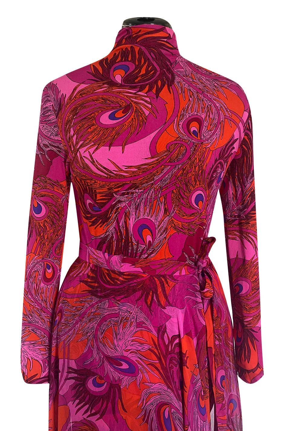 1972 La Mendola Silk Jersey Dress w Skirt Chiffon Skirt in the 'Paridiso' Peacock Feather Print
