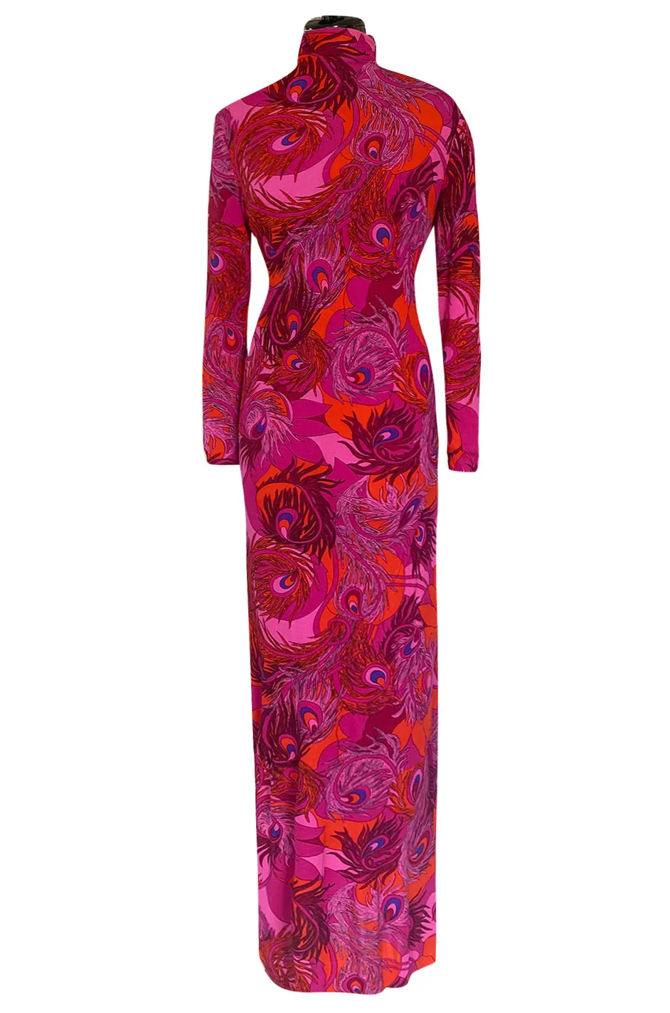 1972 La Mendola Silk Jersey Dress w Skirt Chiffon Skirt in the 'Paridiso' Peacock Feather Print