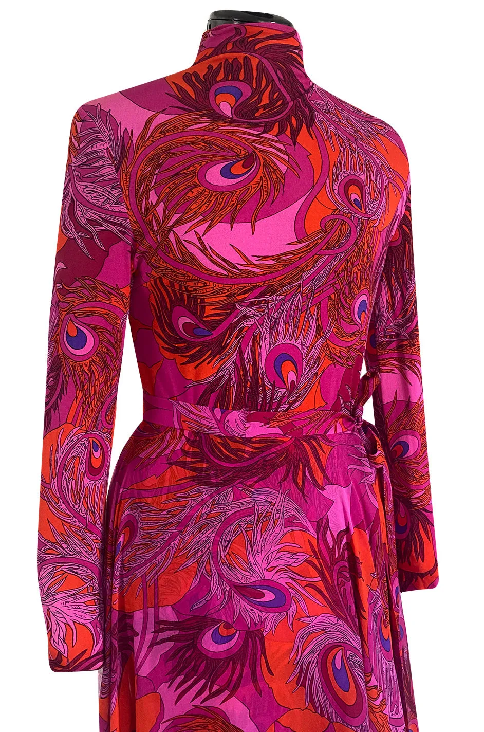 1972 La Mendola Silk Jersey Dress w Skirt Chiffon Skirt in the 'Paridiso' Peacock Feather Print
