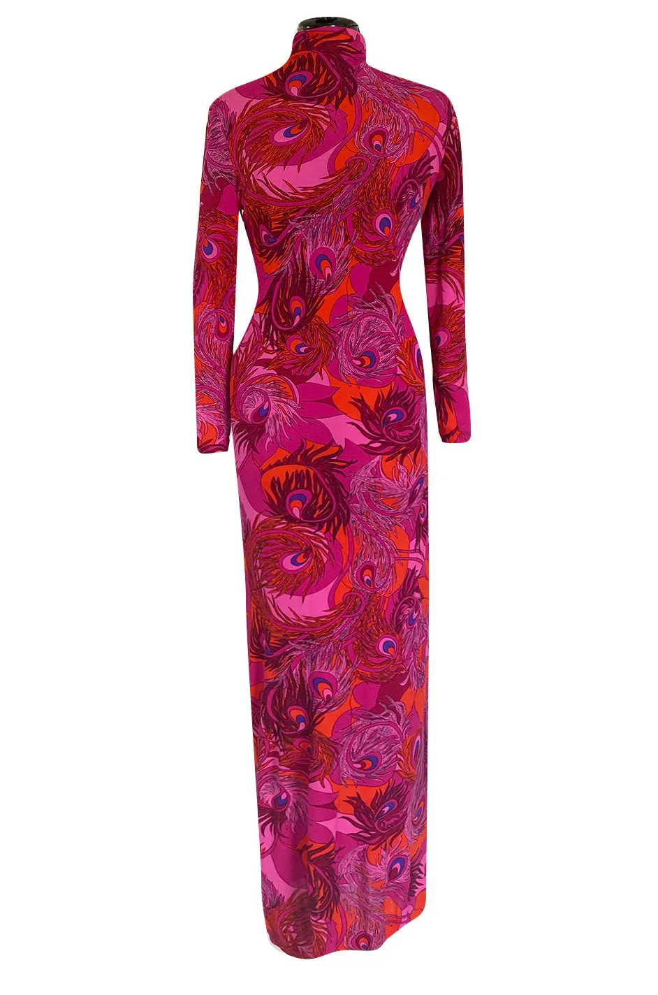 1972 La Mendola Silk Jersey Dress w Skirt Chiffon Skirt in the 'Paridiso' Peacock Feather Print