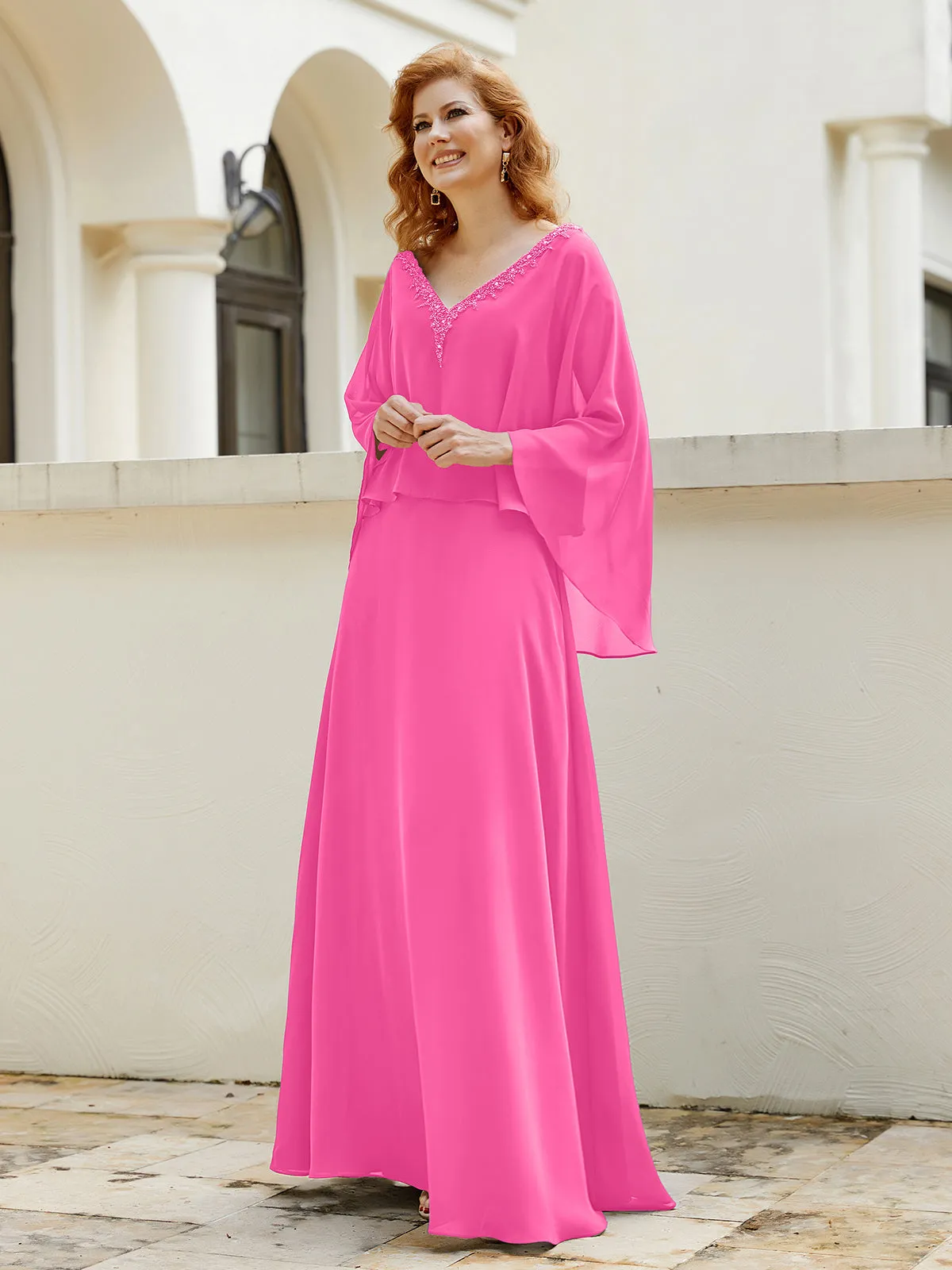 A-Line Flutter Cape Sleeves Dress with Beaded V-neck-Azalea