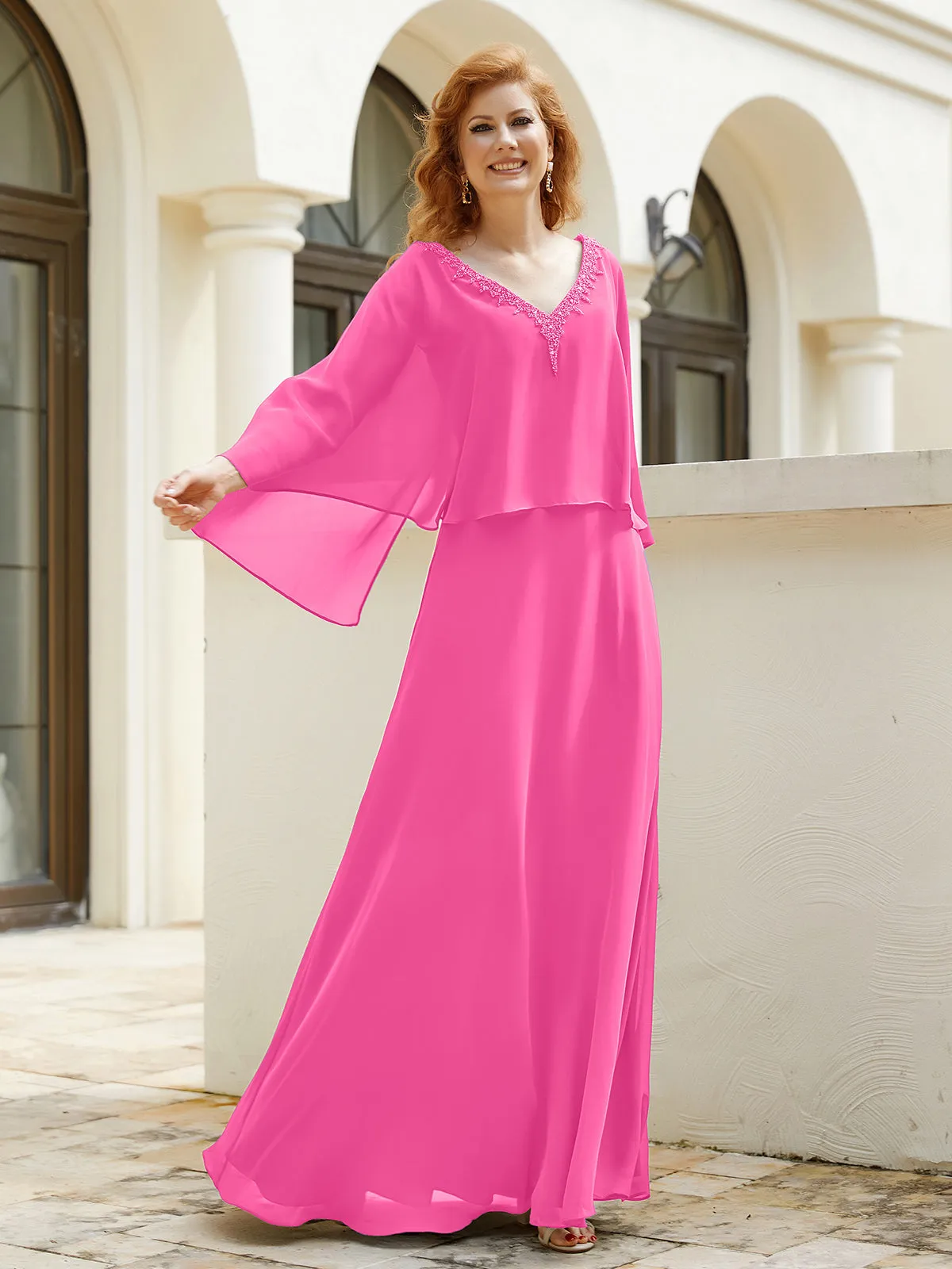 A-Line Flutter Cape Sleeves Dress with Beaded V-neck-Azalea