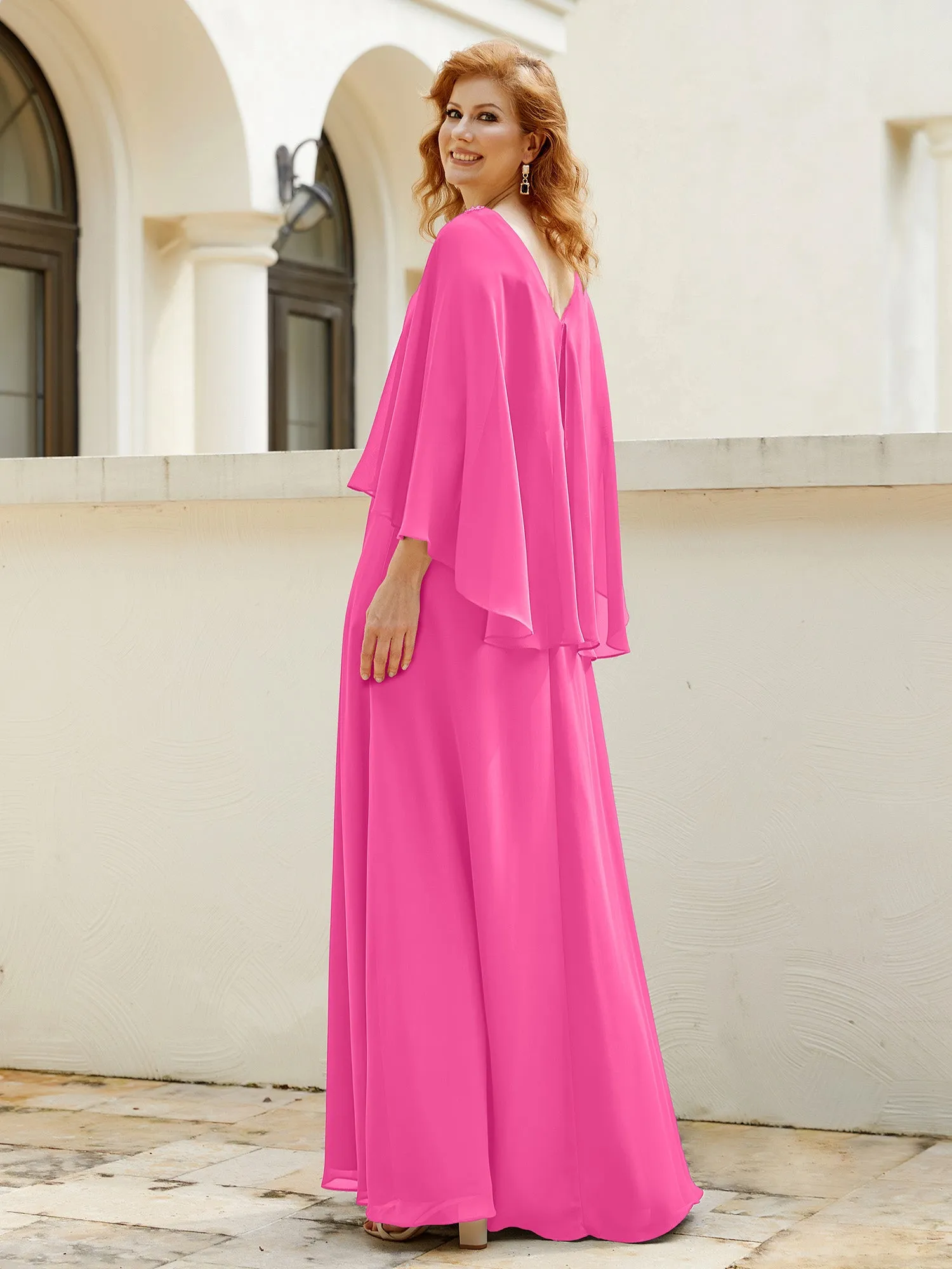 A-Line Flutter Cape Sleeves Dress with Beaded V-neck-Azalea