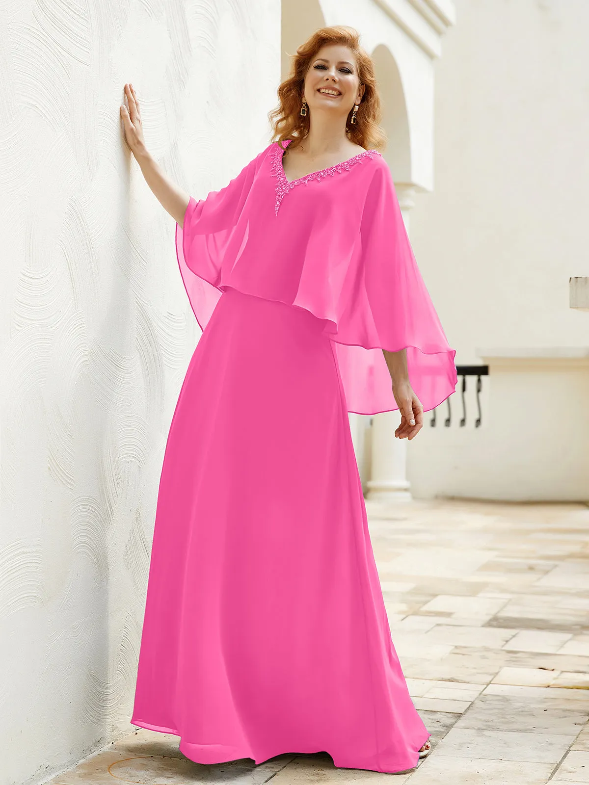 A-Line Flutter Cape Sleeves Dress with Beaded V-neck-Azalea