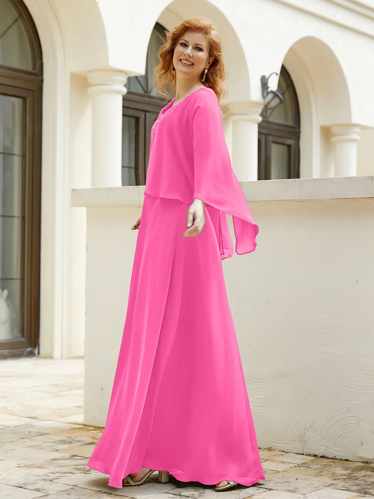 A-Line Flutter Cape Sleeves Dress with Beaded V-neck-Azalea
