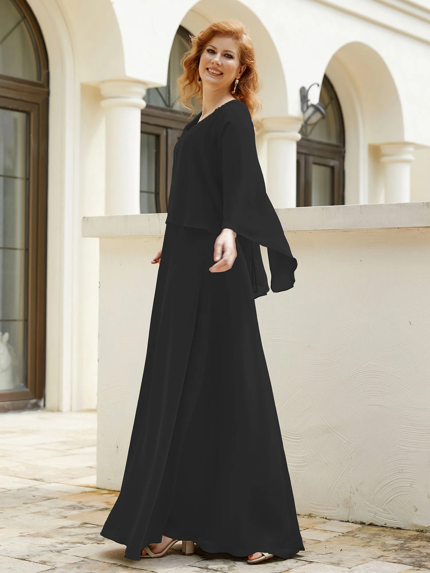 A-Line Flutter Cape Sleeves Dress with Beaded V-neck-Black