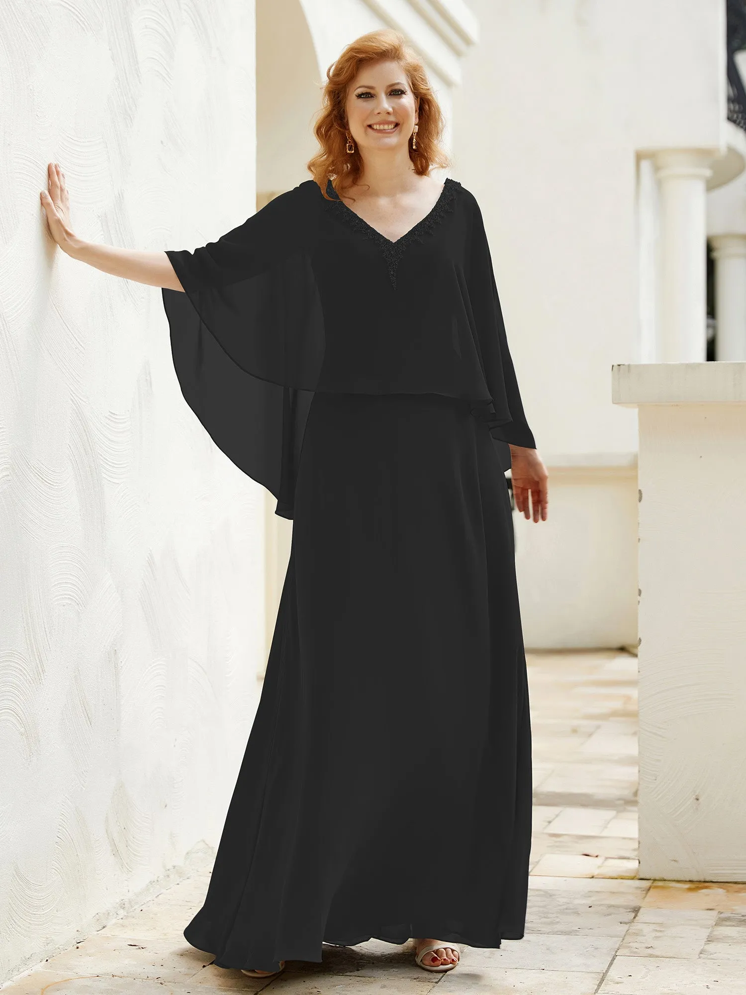 A-Line Flutter Cape Sleeves Dress with Beaded V-neck-Black