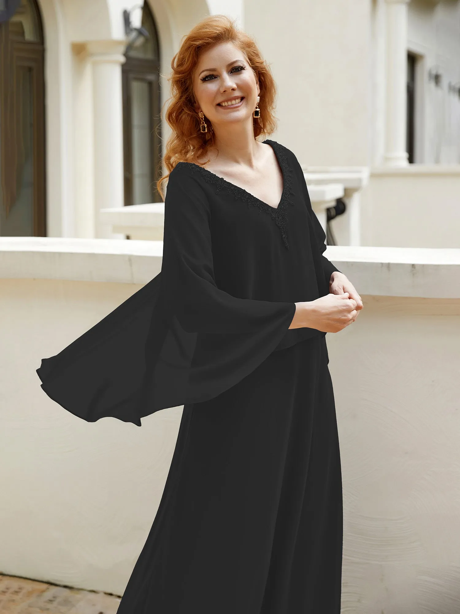 A-Line Flutter Cape Sleeves Dress with Beaded V-neck-Black