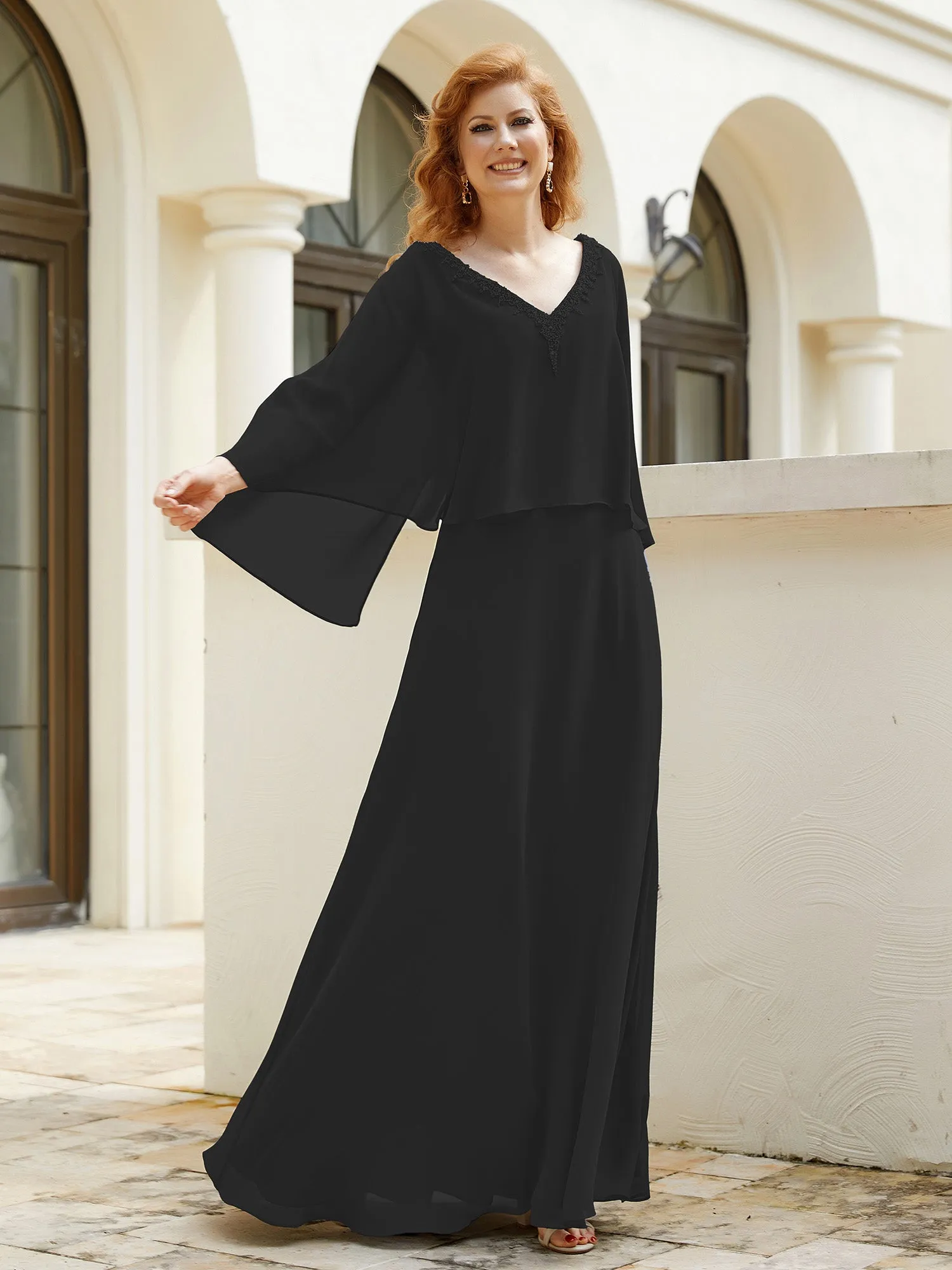 A-Line Flutter Cape Sleeves Dress with Beaded V-neck-Black