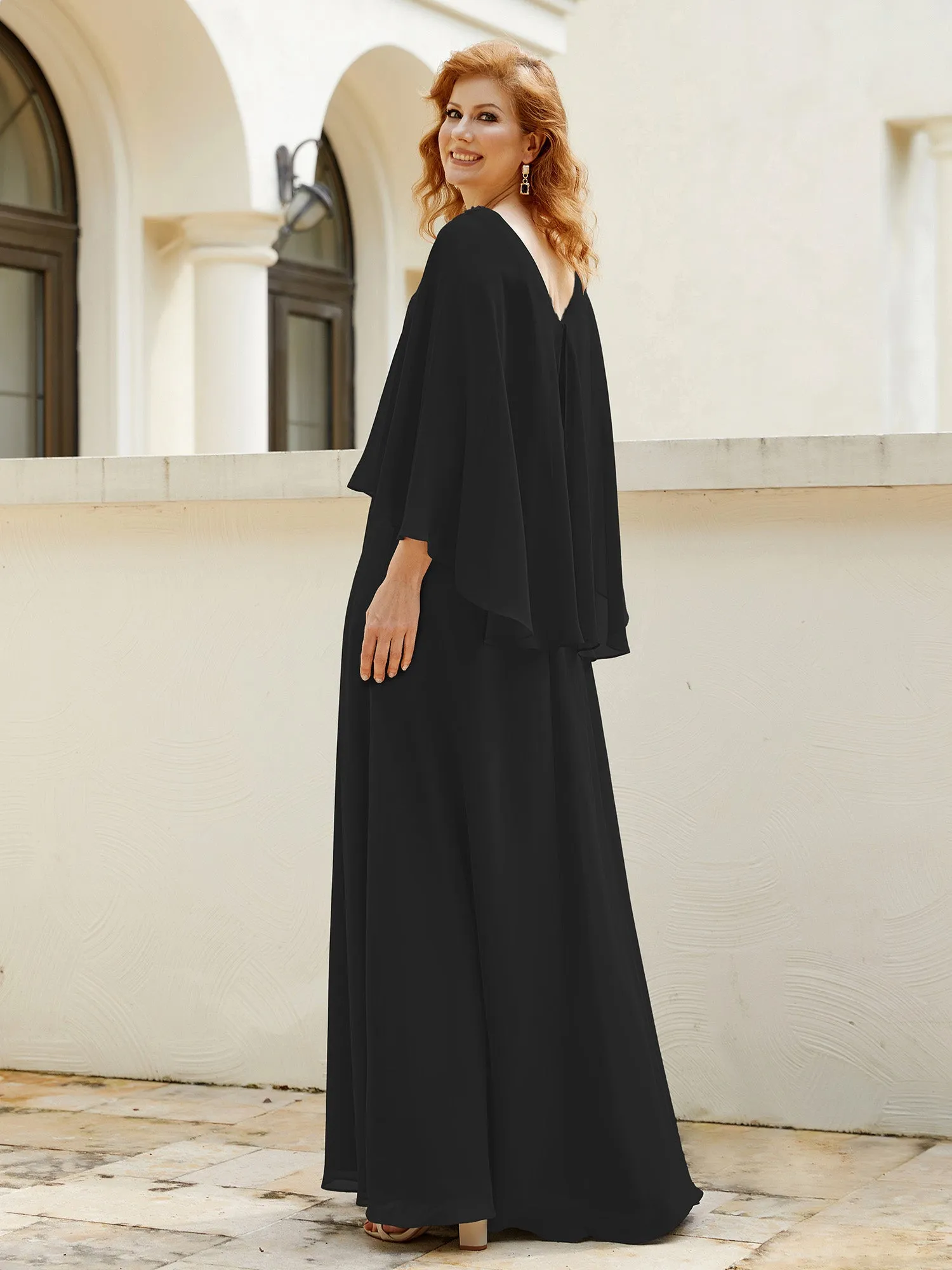 A-Line Flutter Cape Sleeves Dress with Beaded V-neck-Black