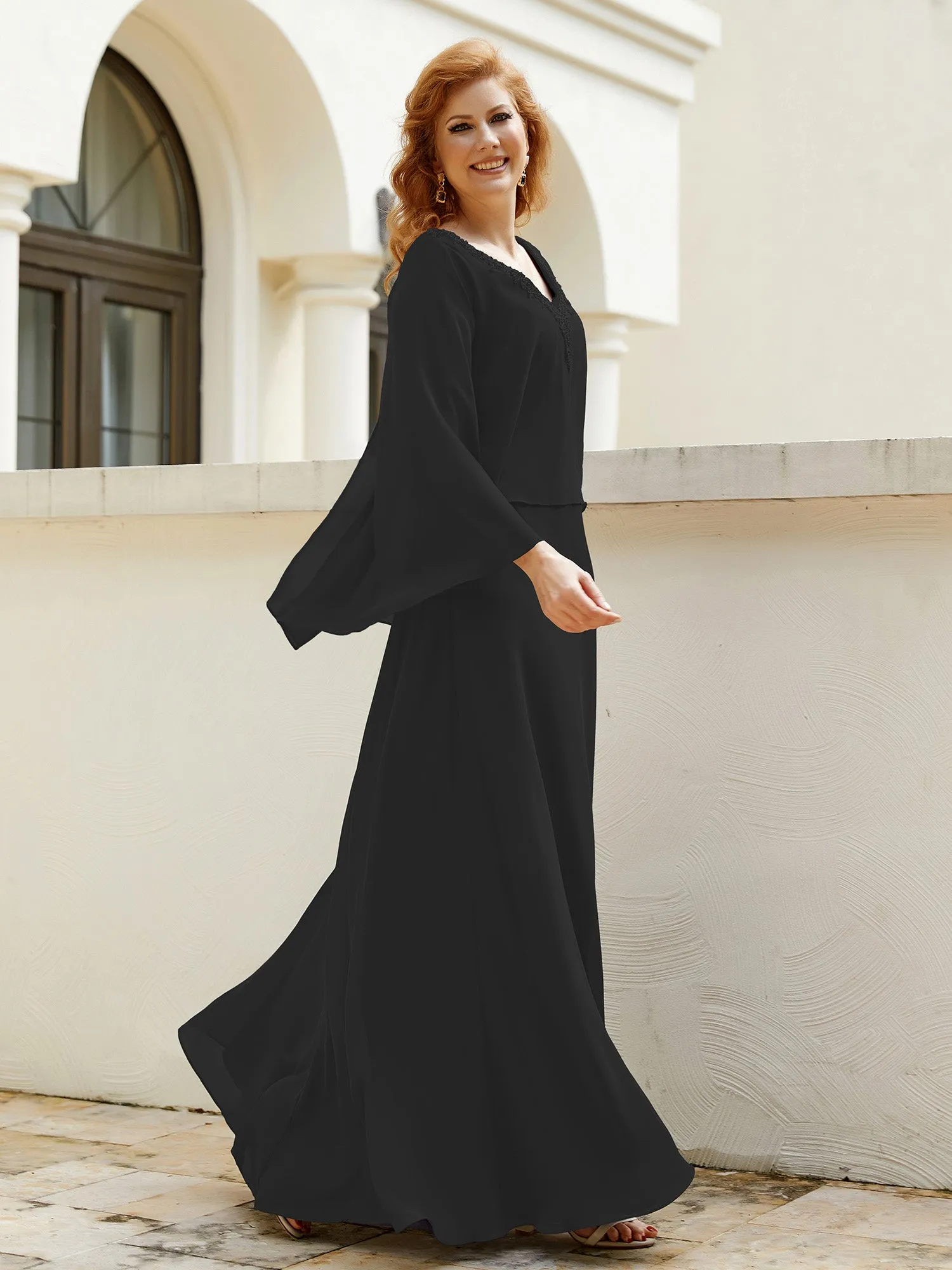 A-Line Flutter Cape Sleeves Dress with Beaded V-neck-Black
