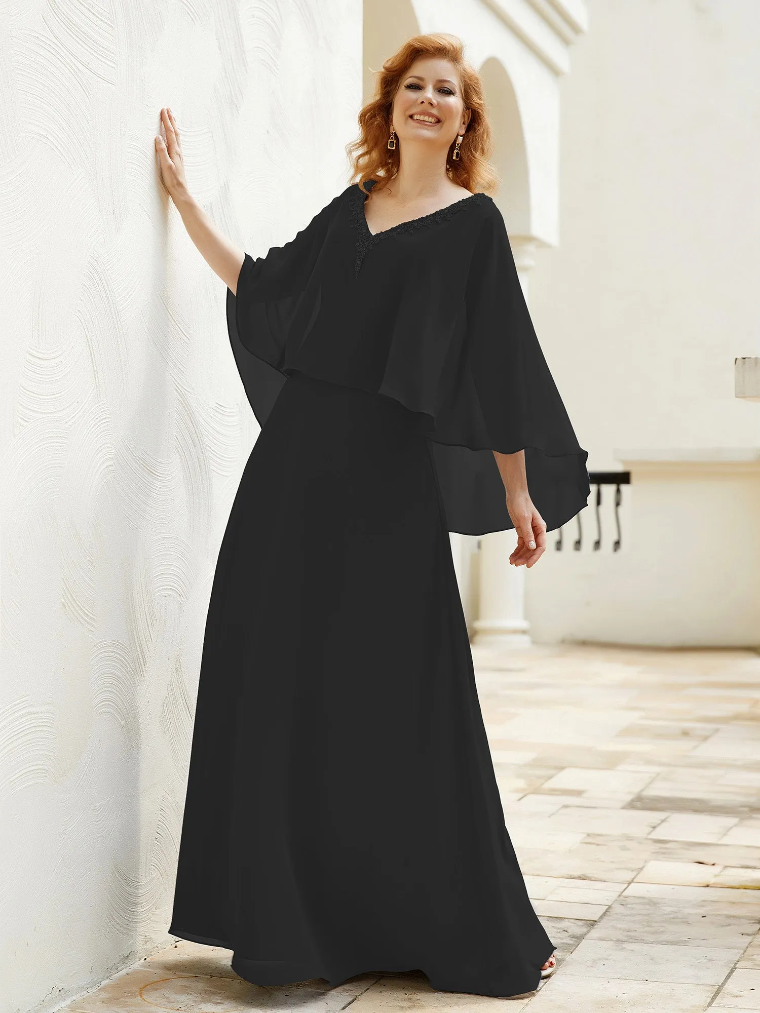 A-Line Flutter Cape Sleeves Dress with Beaded V-neck-Black