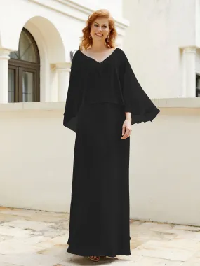 A-Line Flutter Cape Sleeves Dress with Beaded V-neck-Black