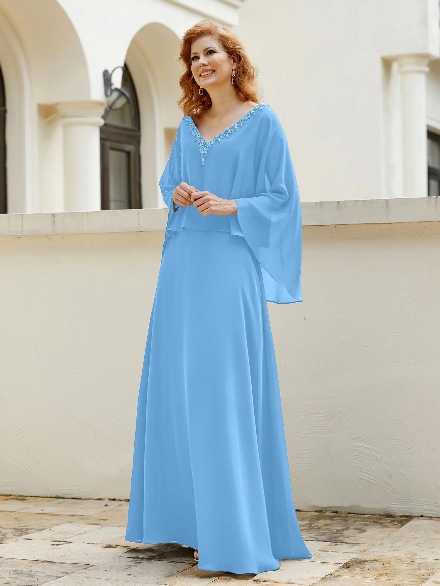 A-Line Flutter Cape Sleeves Dress with Beaded V-neck-Blue