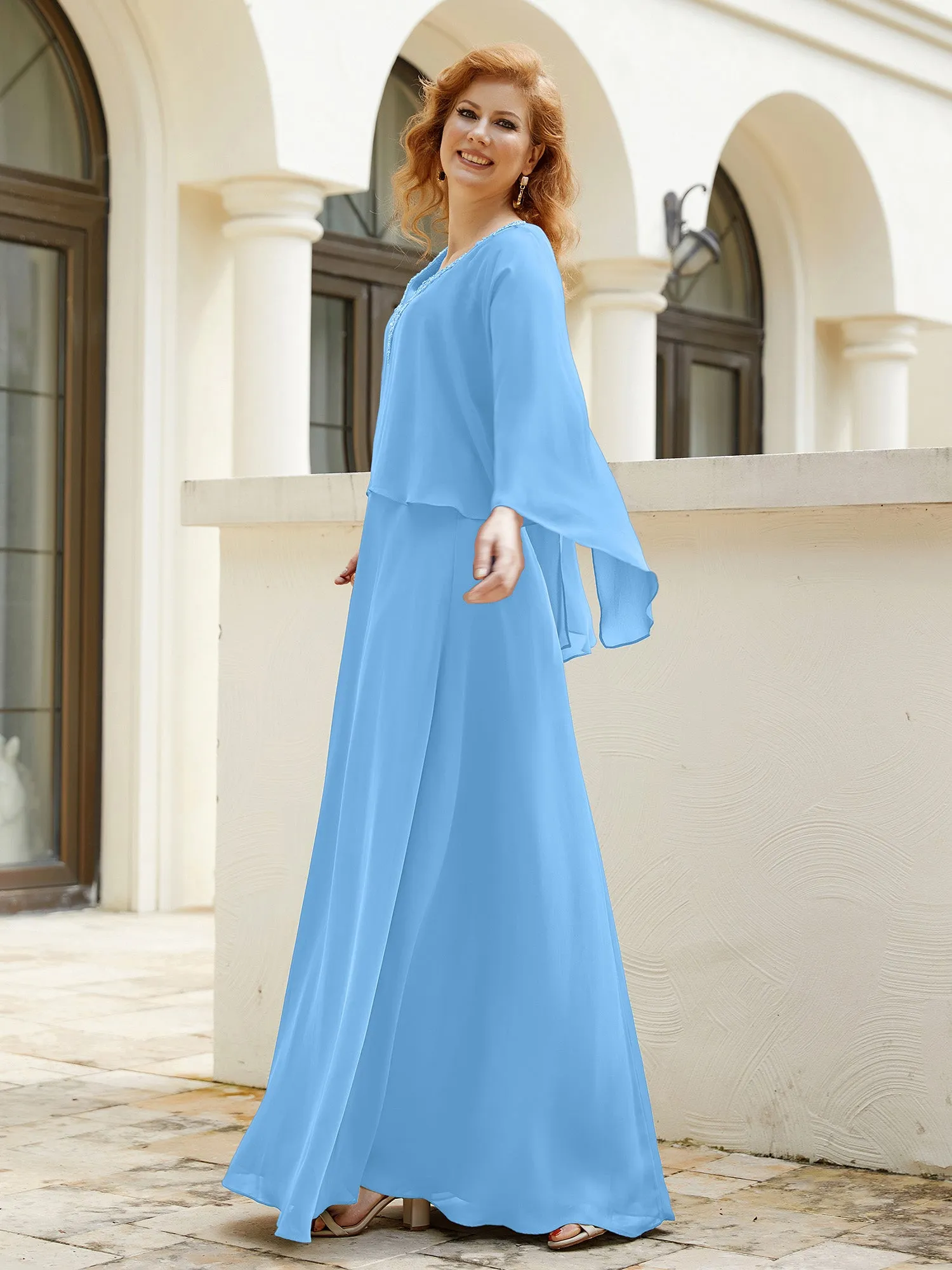 A-Line Flutter Cape Sleeves Dress with Beaded V-neck-Blue