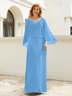 A-Line Flutter Cape Sleeves Dress with Beaded V-neck-Blue