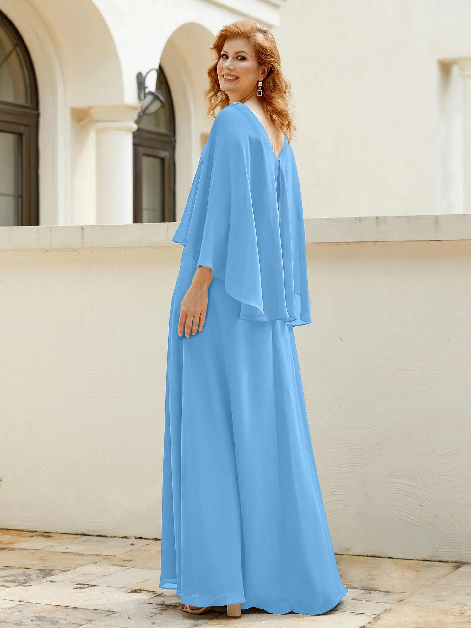 A-Line Flutter Cape Sleeves Dress with Beaded V-neck-Blue