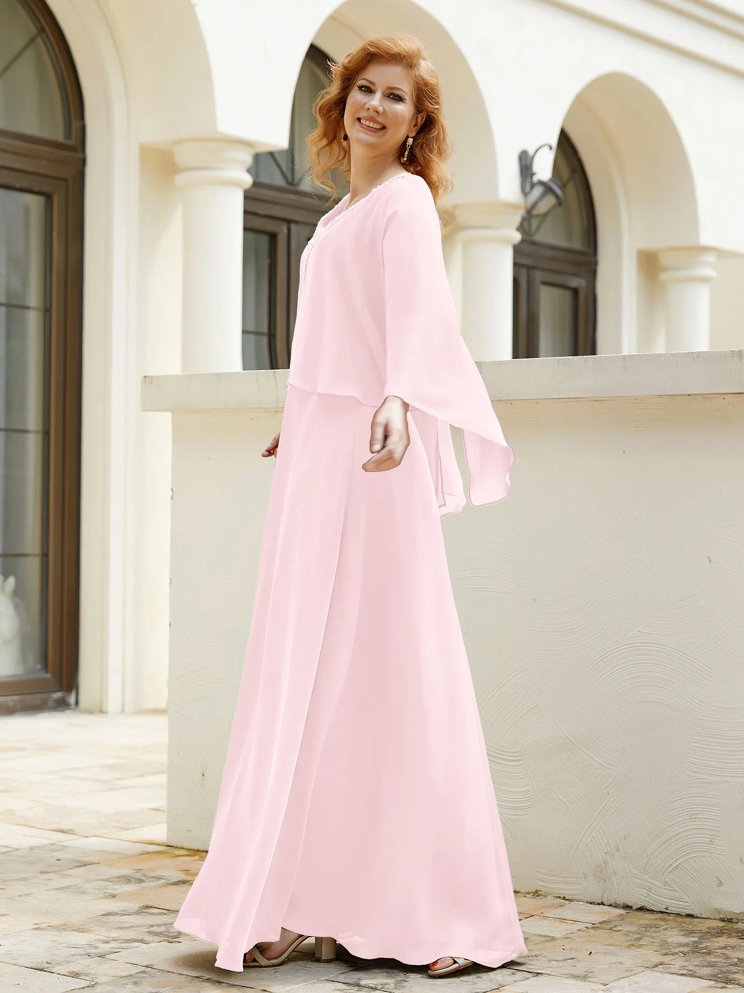 A-Line Flutter Cape Sleeves Dress with Beaded V-neck-Blushing Pink