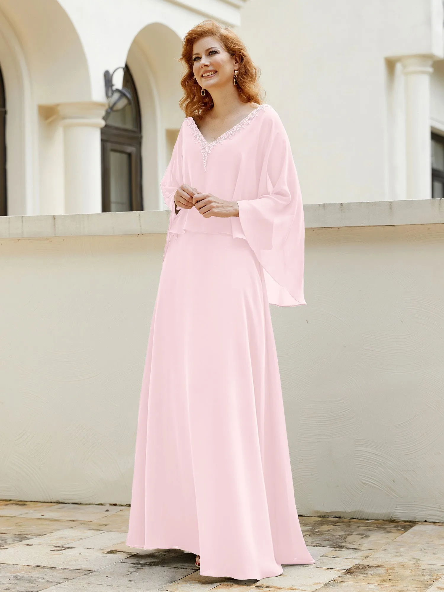 A-Line Flutter Cape Sleeves Dress with Beaded V-neck-Blushing Pink