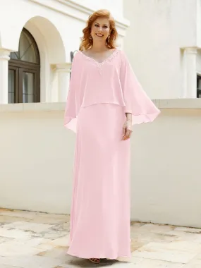A-Line Flutter Cape Sleeves Dress with Beaded V-neck-Blushing Pink