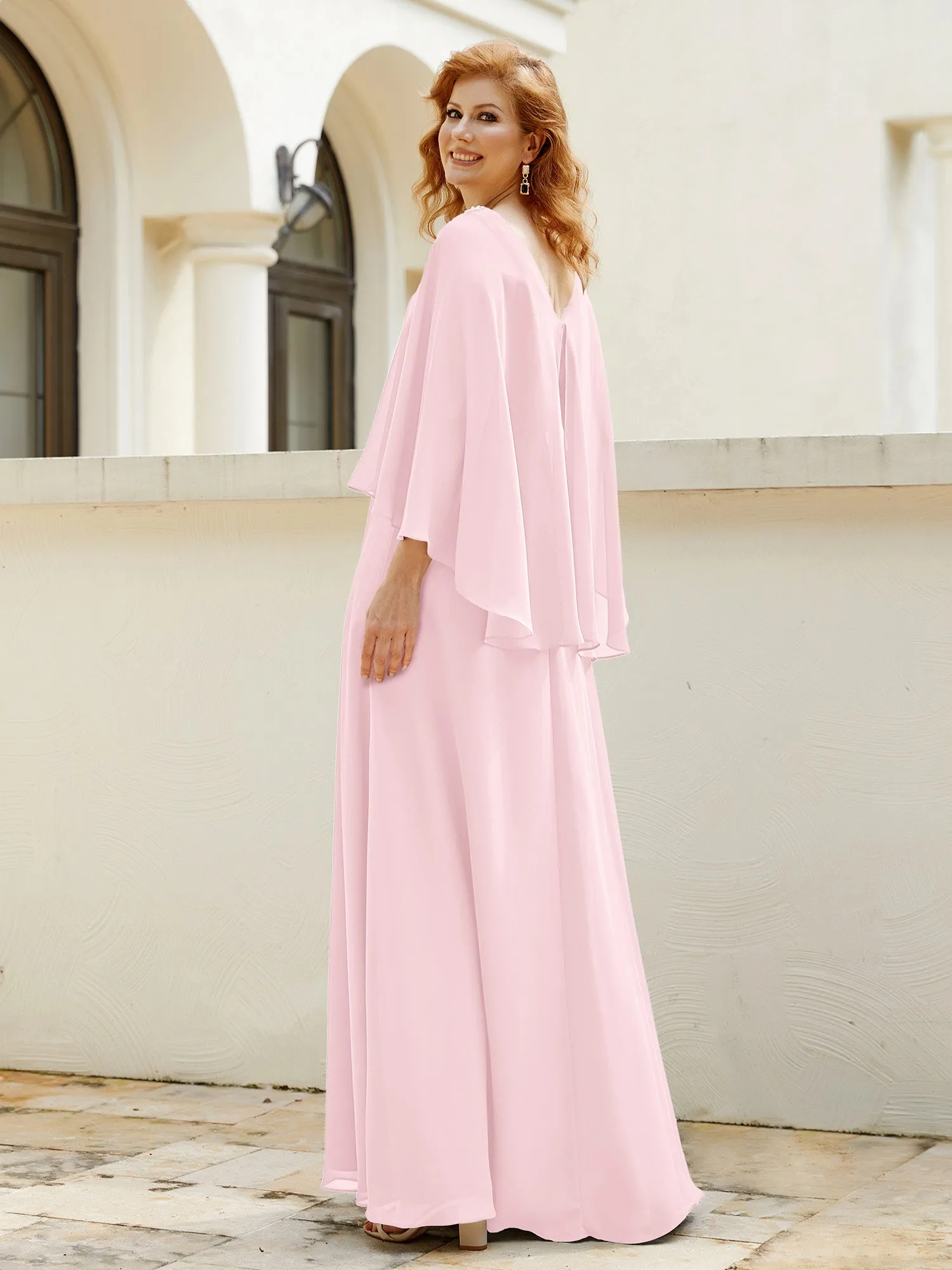 A-Line Flutter Cape Sleeves Dress with Beaded V-neck-Blushing Pink