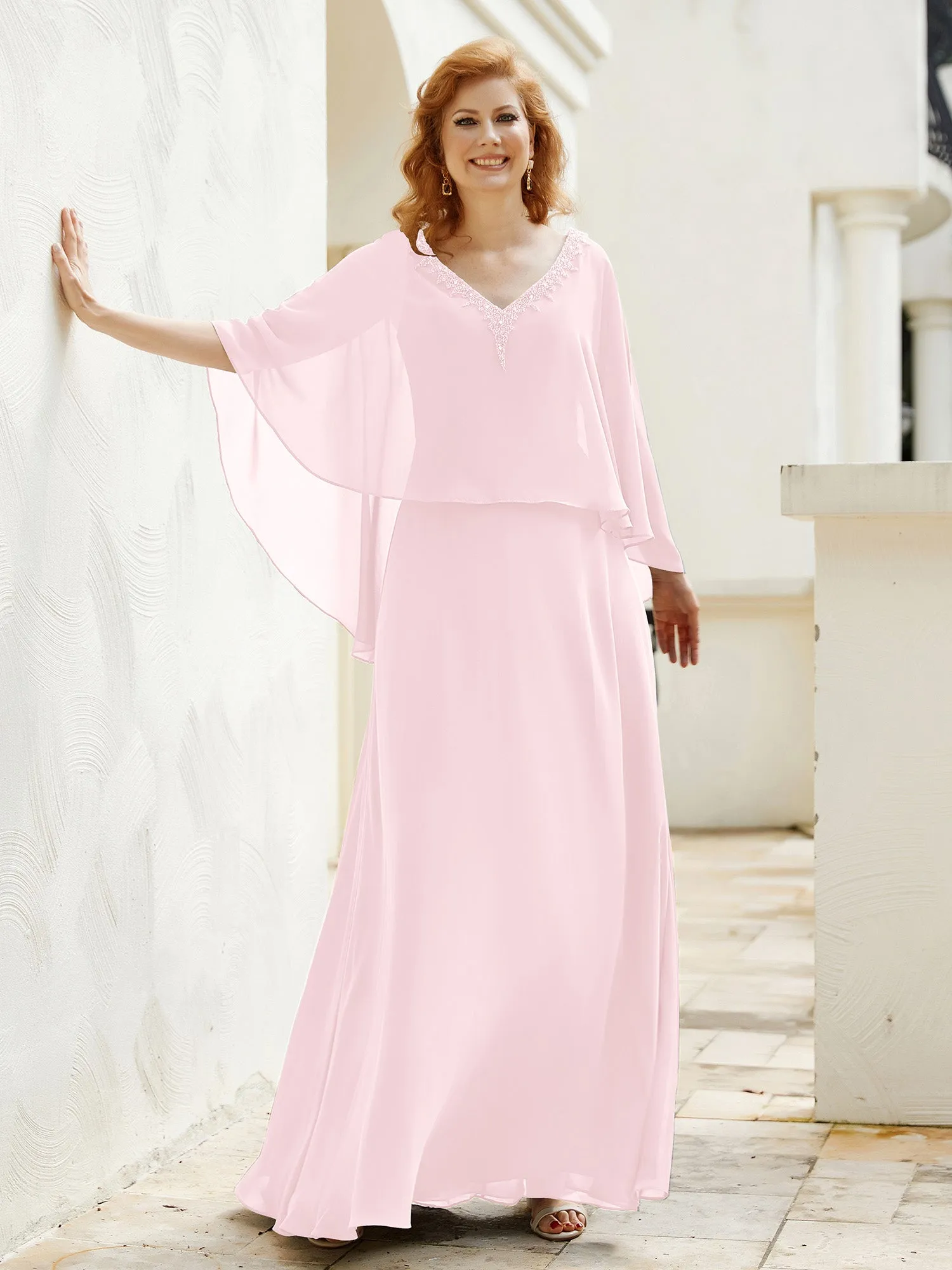 A-Line Flutter Cape Sleeves Dress with Beaded V-neck-Blushing Pink