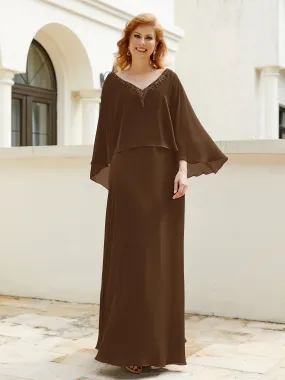 A-Line Flutter Cape Sleeves Dress with Beaded V-neck-Brown