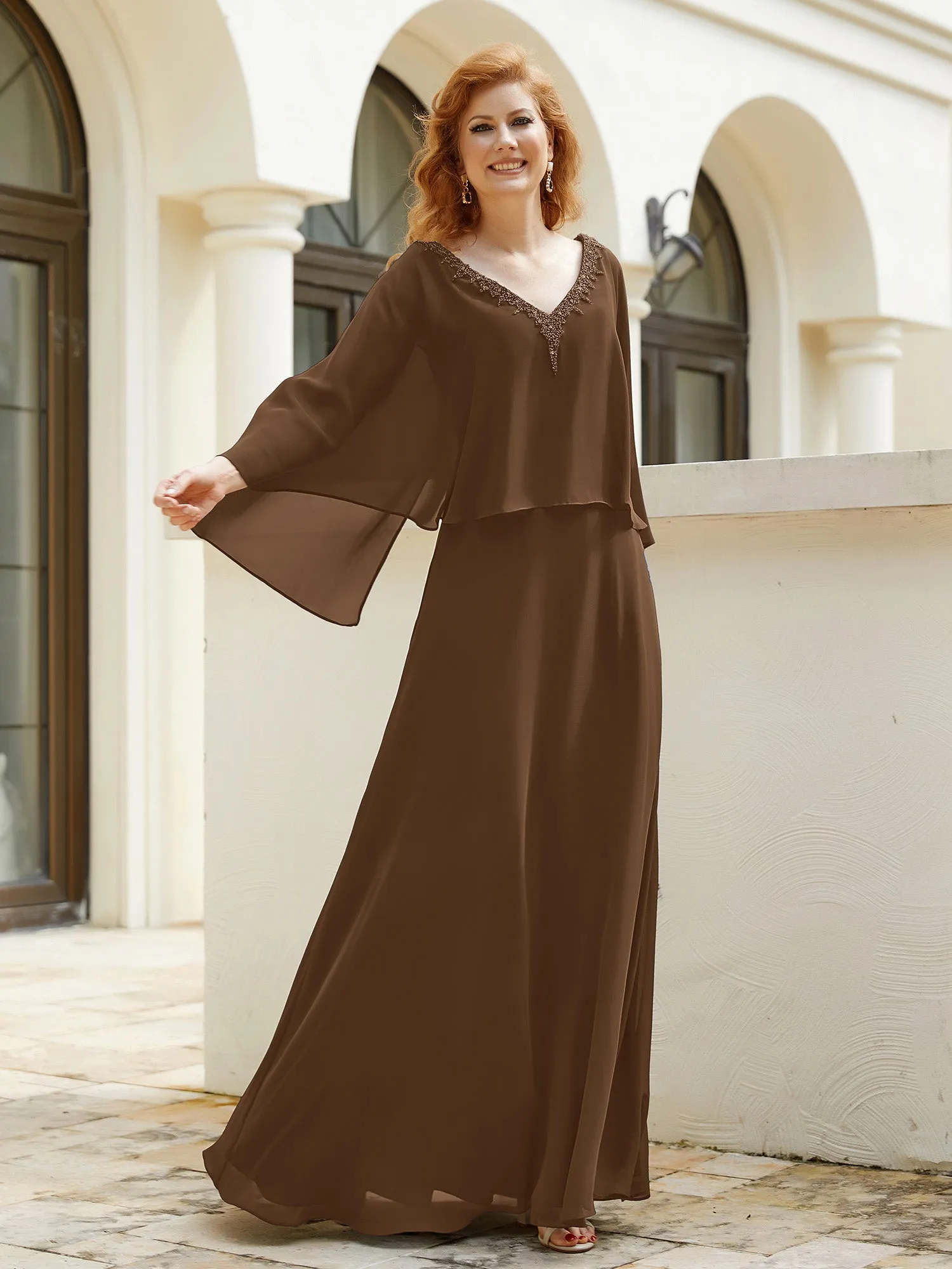 A-Line Flutter Cape Sleeves Dress with Beaded V-neck-Brown
