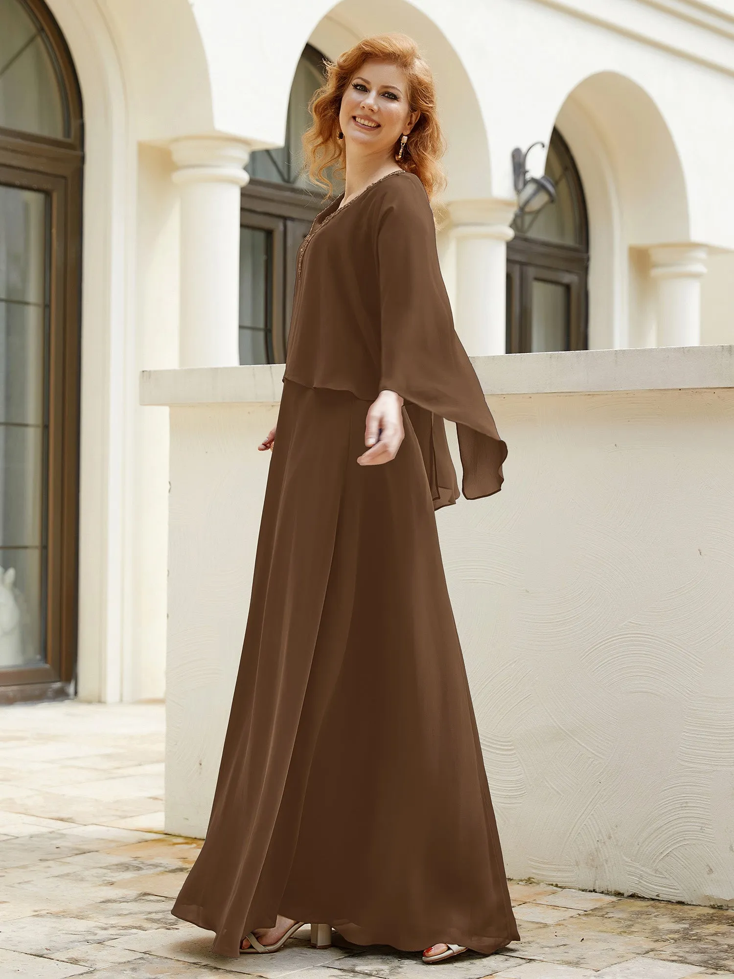 A-Line Flutter Cape Sleeves Dress with Beaded V-neck-Brown