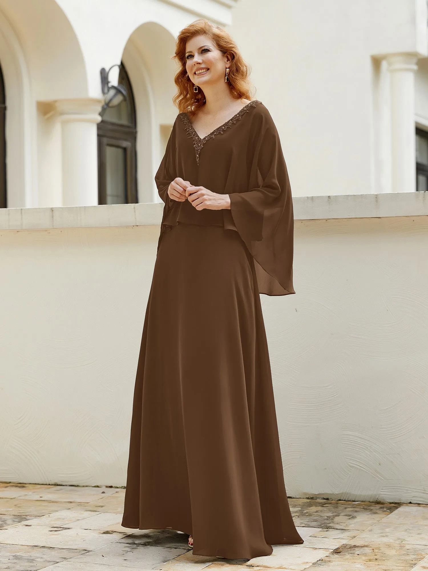 A-Line Flutter Cape Sleeves Dress with Beaded V-neck-Brown