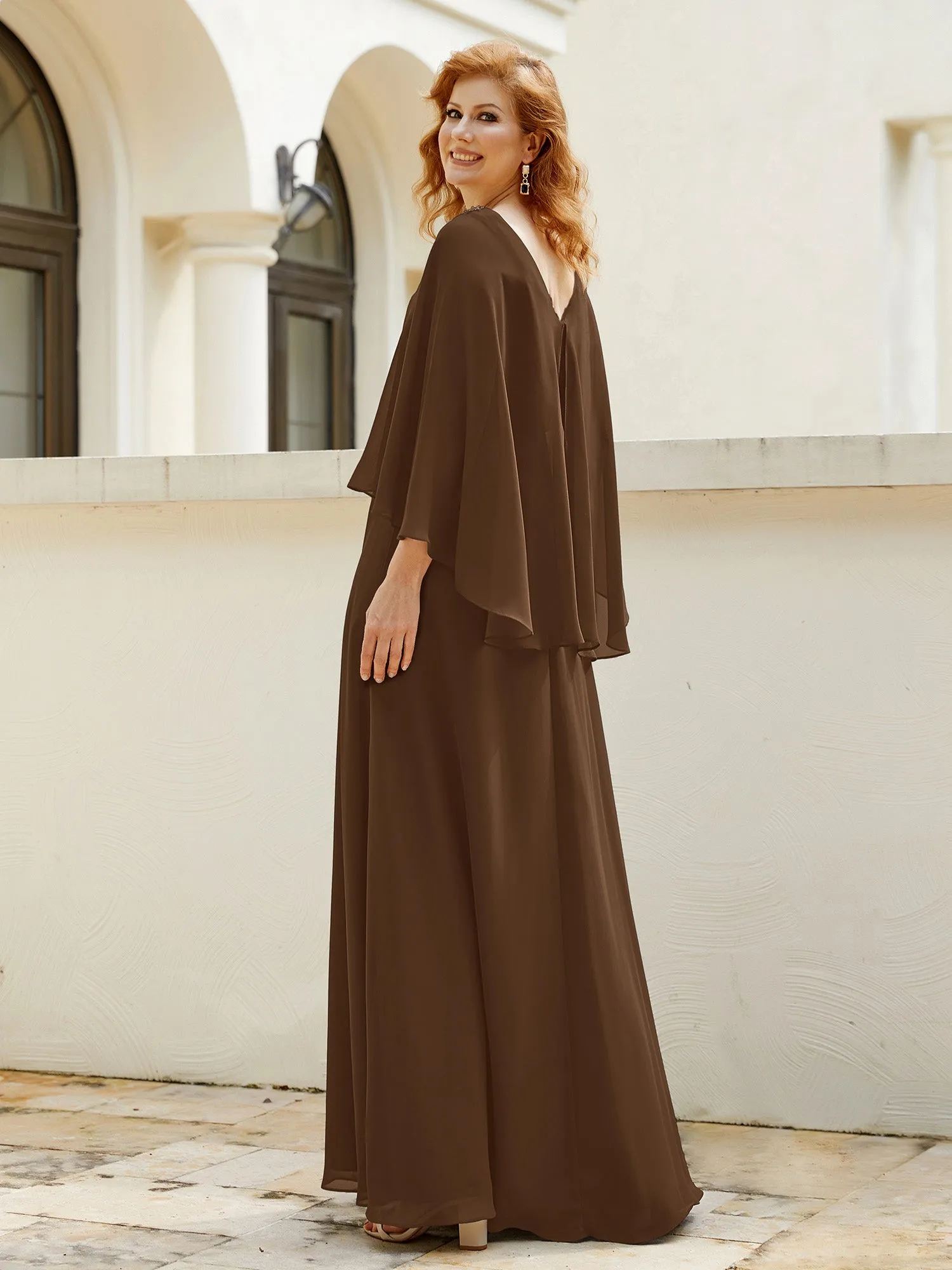 A-Line Flutter Cape Sleeves Dress with Beaded V-neck-Brown