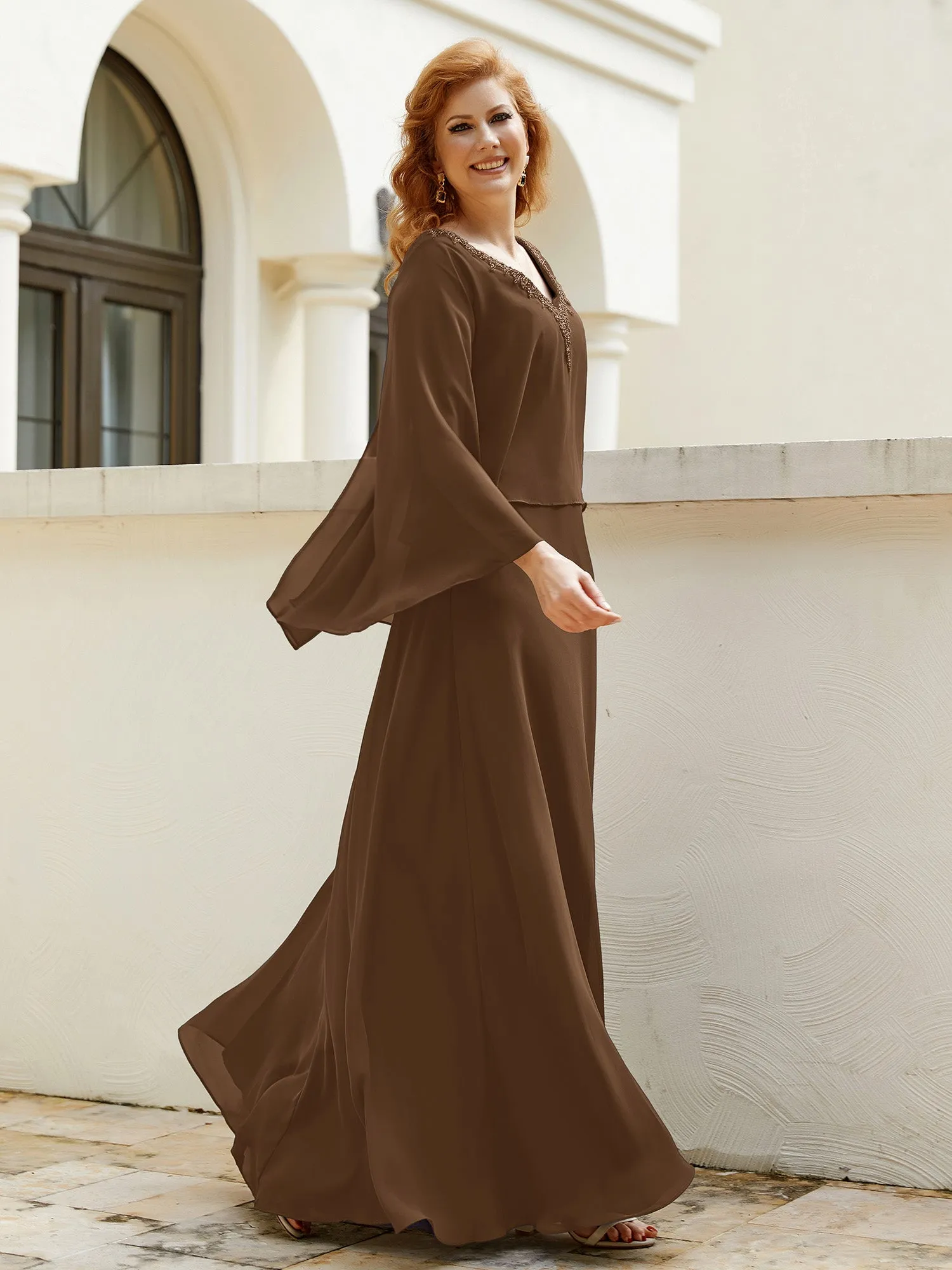 A-Line Flutter Cape Sleeves Dress with Beaded V-neck-Brown