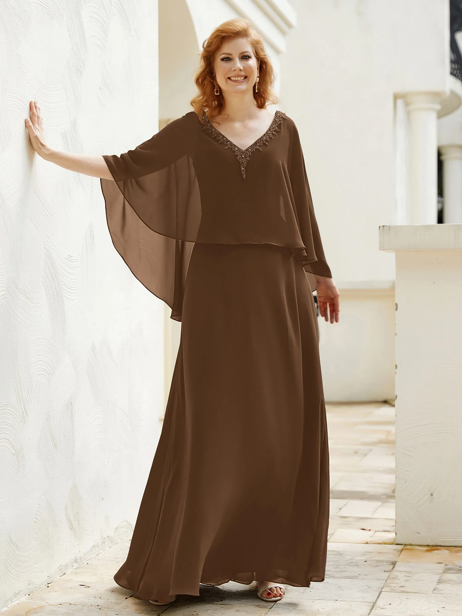 A-Line Flutter Cape Sleeves Dress with Beaded V-neck-Brown
