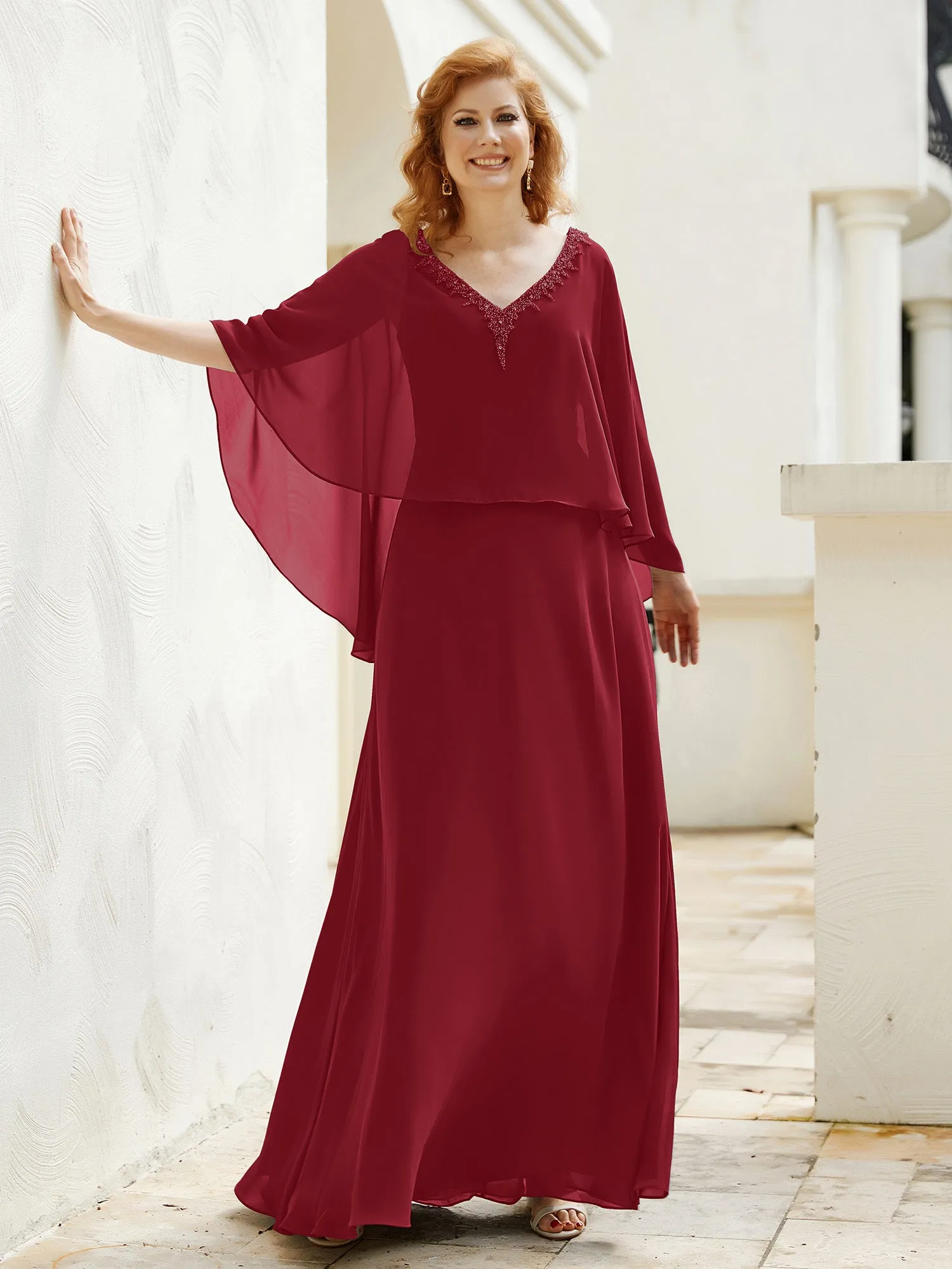 A-Line Flutter Cape Sleeves Dress with Beaded V-neck-Burgundy